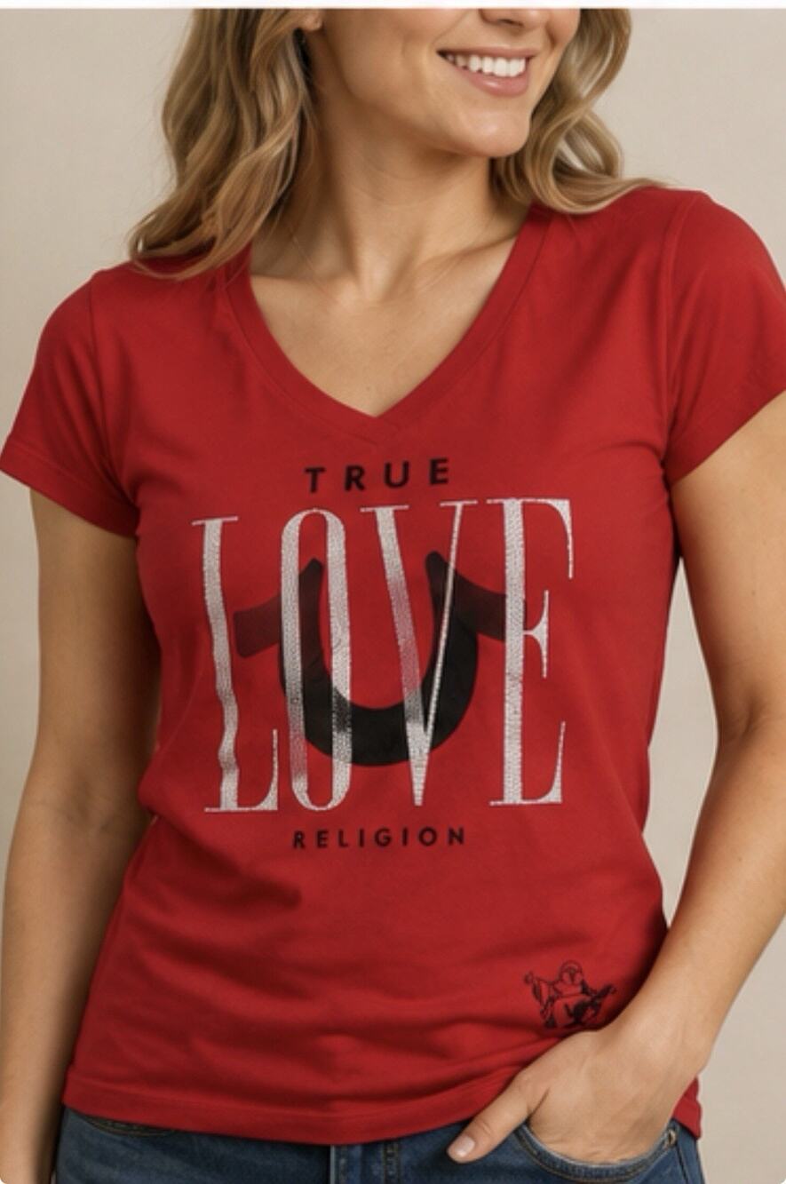 True Religion Women’s M Red True Love Logo V Neck T Shirt Rhinestone Graphic